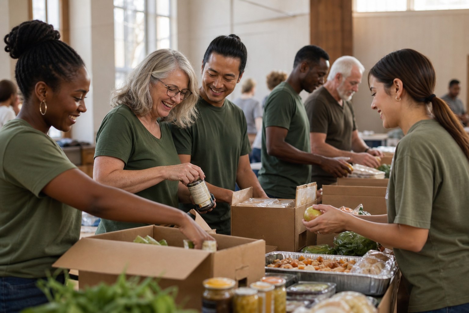 Church volunteers preparing food boxes together for their community