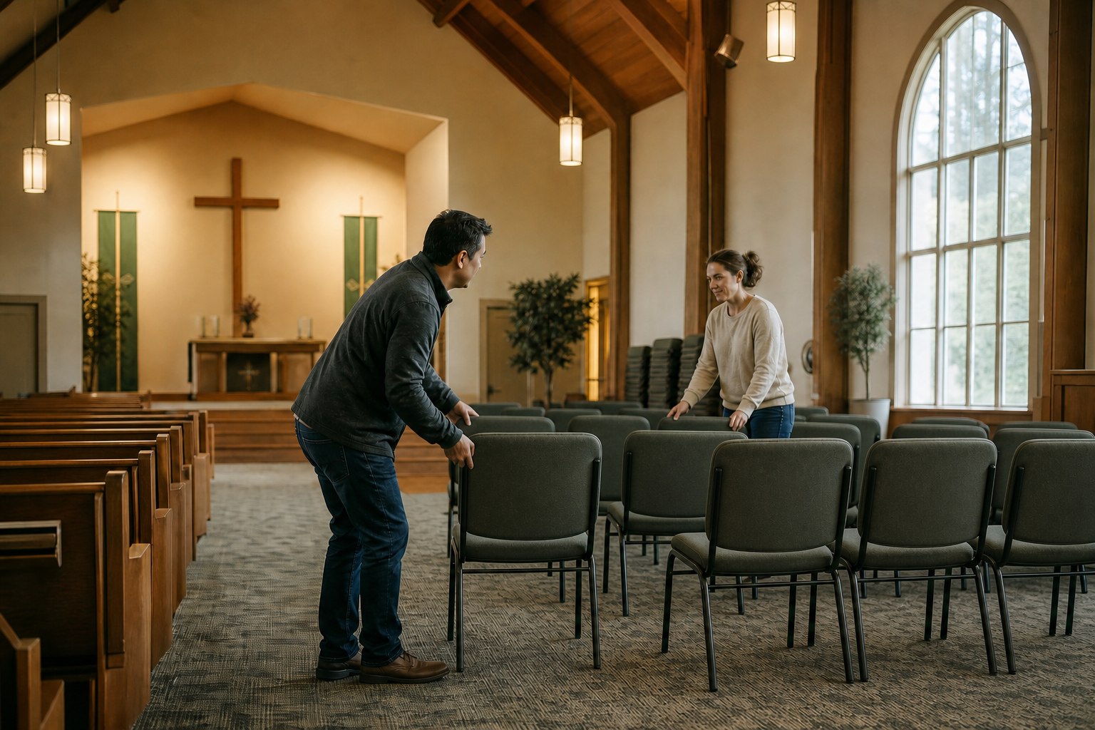 Ministry leaders arranging chairs to face the altar and cross inside a shared sanctuary
